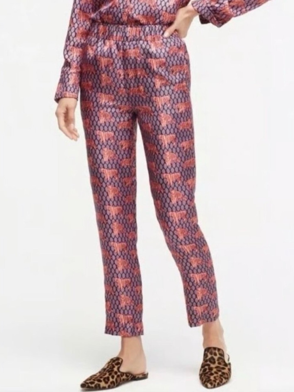 J. Crew Silk Pull On Easy Pants with Roaming Tigers.